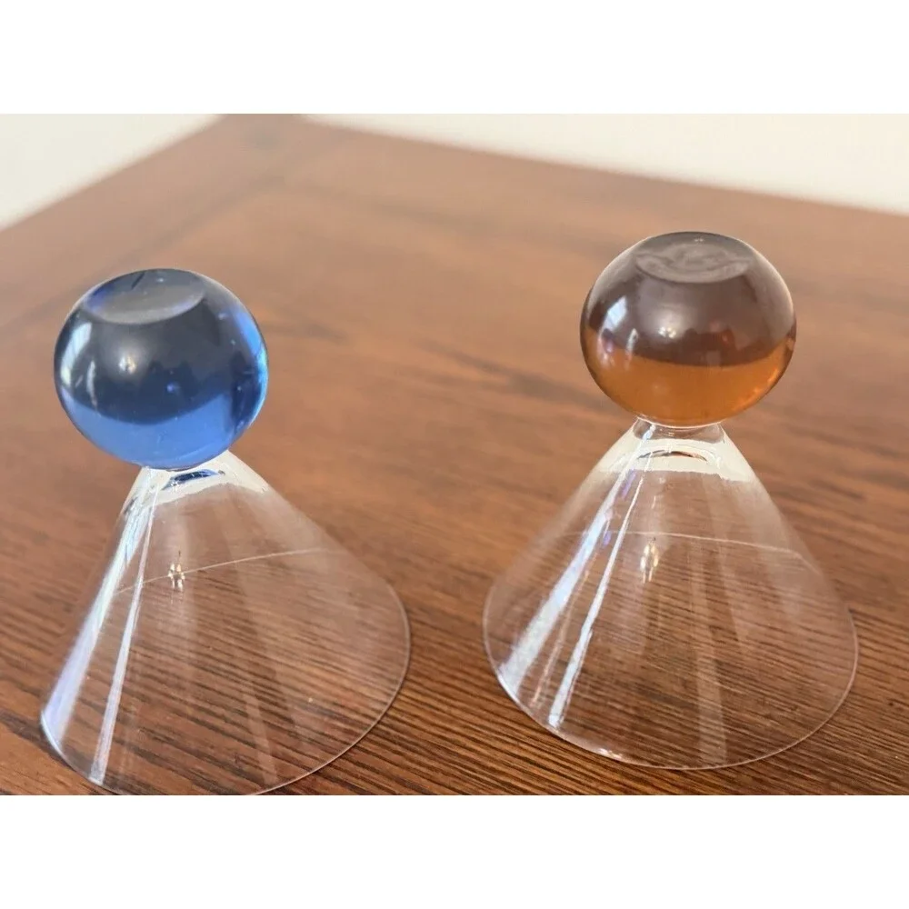 Set of 2 Post Modern Clear Glass Martini Glasses Blue & Amber Ball Base